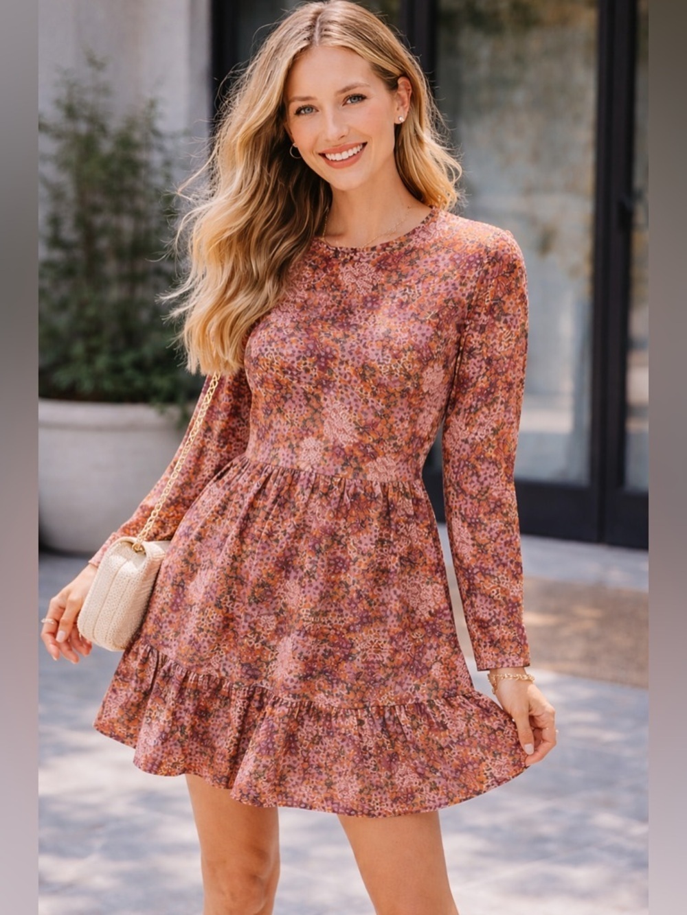 Lily Rose Floral Mini Dress Size S Boho Long Sleeve Fall Cute